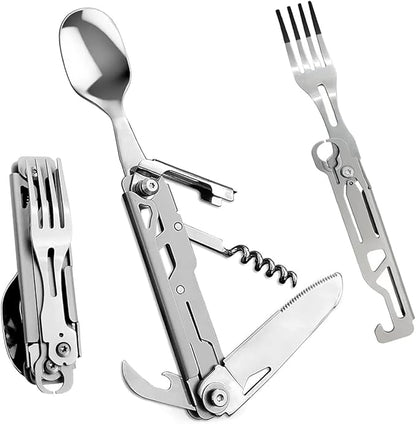 HONZIN Camping Utensil Set 5-in-1 Multi Functional Folding Flatware Set, Pocket Utensil Set Portable Detachable Stainless Steel Knife Spoon Fork Bottle Opener, Can Opener Combo Set with Carrying Bag