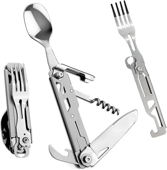 HONZIN Camping Utensil Set 5-in-1 Multi Functional Folding Flatware Set, Pocket Utensil Set Portable Detachable Stainless Steel Knife Spoon Fork Bottle Opener, Can Opener Combo Set with Carrying Bag