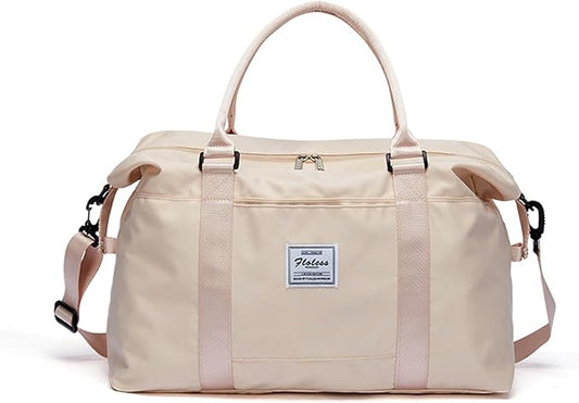 KARRESLY Travel Duffel Bag for Women,Shoulder Weekender Overnight Bag Sports Gym Tote Bag,Waterproof（Beige）