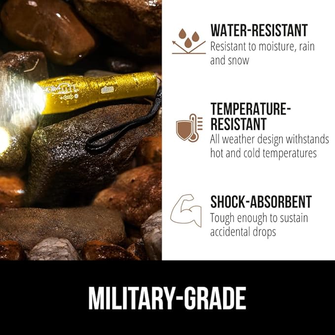 Gorilla Grip Powerful LED 750 FT Water Resistant 5 Adjustable Mode Tactical Flashlight, High Lumens Ultra Bright Battery Life Zoom Flashlights, Small Camping Car Mini Flash Light Accessories, Gold
