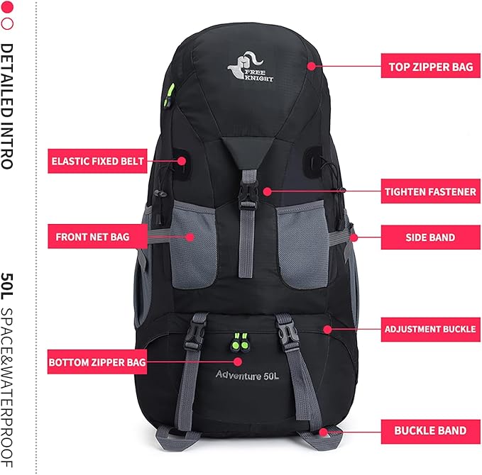 Bseash 50L Hiking Backpack, Water Resistant Lightweight Outdoor Sport Daypack Travel Bag for Camping Climbing Touring (Black - No Shoe Compartment)