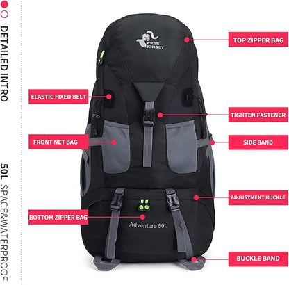 Bseash 50L Hiking Backpack, Water Resistant Lightweight Outdoor Sport Daypack Travel Bag for Camping Climbing Touring (Black - No Shoe Compartment)