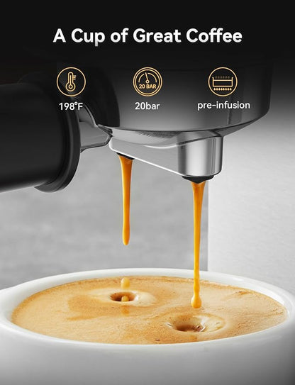 Neretva Espresso Machine 20 Bar, Super Compact Espresso Maker Stainless Steel Professional Coffee Machine Espresso with LED Display & Milk Frother for Home Barista Latte and Cappuccino Maker