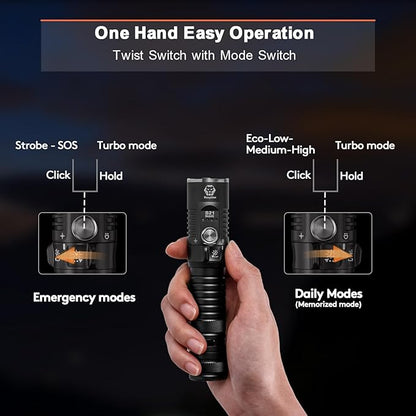 RovyVon S21 Rechargeable EDC Flashlight, Super Bright 3000 Lumens Search Flashlight, High Lumens Handheld Flashlight with Mechanical Twist Switch for Camping, Hiking, Outdoors（Black）
