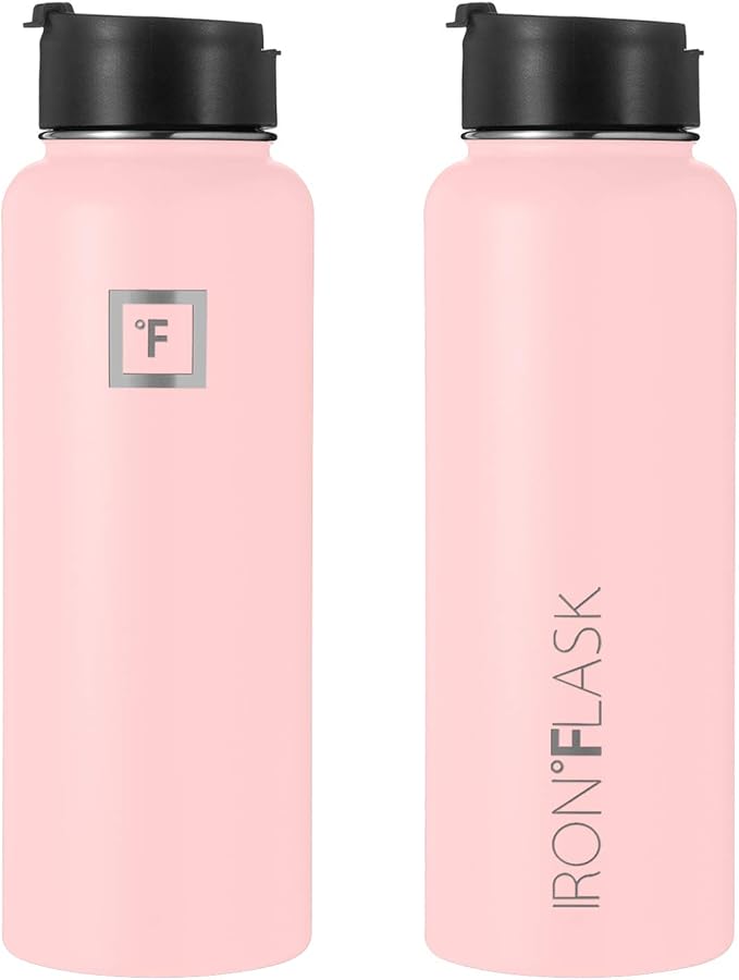 IRON °FLASK Camping & Hiking Hydration Flask, Wide Mouth, 3 Straw Lids, Stainless Steel Outdoor Water Bottle, Double Walled, Insulated Thermos, Metal Canteen - Rose, 18 Oz