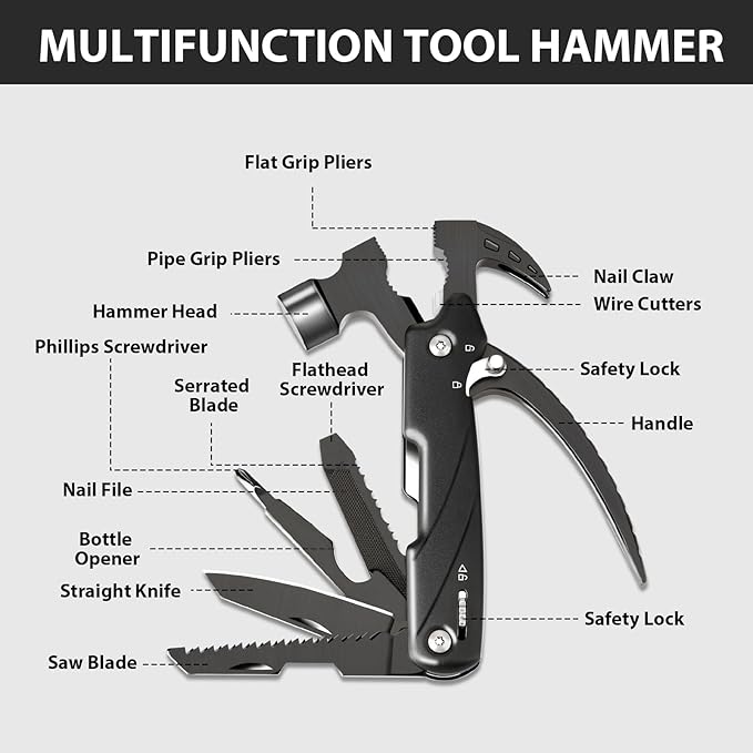 Hammer Multitool, Camping Hammer Tool Camping Essentials Gear Survival Multitool with Knife Hammer Pliers Saw Bottle Can Opener Screwdriver Cool Gadgets Gifts for Men, Dad