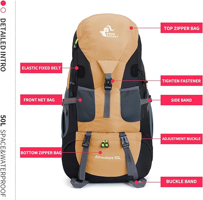 Bseash 50L Hiking Backpack, Water Resistant Lightweight Outdoor Sport Daypack Travel Bag for Camping Climbing Touring (Gold - With Shoe Compartment)