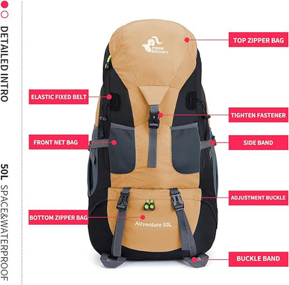 Bseash 50L Hiking Backpack, Water Resistant Lightweight Outdoor Sport Daypack Travel Bag for Camping Climbing Touring (Gold - With Shoe Compartment)