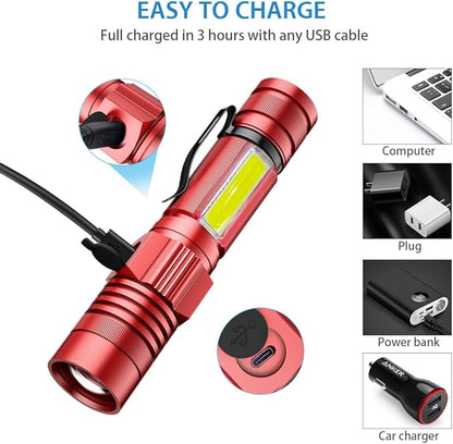 Rechargeable LED Flashlights, Magnetic Flashlight Super Bright Tactical Flashlight with SideLight,USB Rechargeable,Zoomable,Waterproof Best Small Flashlight for Camping, Emergency Red