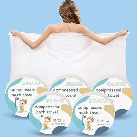 Compressed Towel Tablets - 55 * 28 in Compressed Bath Towel, 5 Psc Large Disposable Bath Towels for Travel, Compressed Cotton Bath Towels for Adults Baby Toddler Camping Hiking Swim Beach