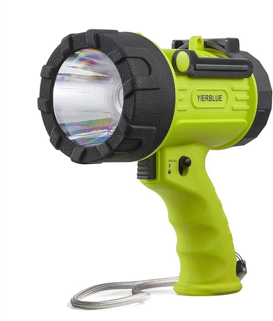 YIERBLUE Rechargeable Spotlight with 200000 Lumen LED, IP67 Waterproof Handheld Flashlight Searchlight with Detachable Red Light Filter, 24 Hours Long Running (fluorescent)