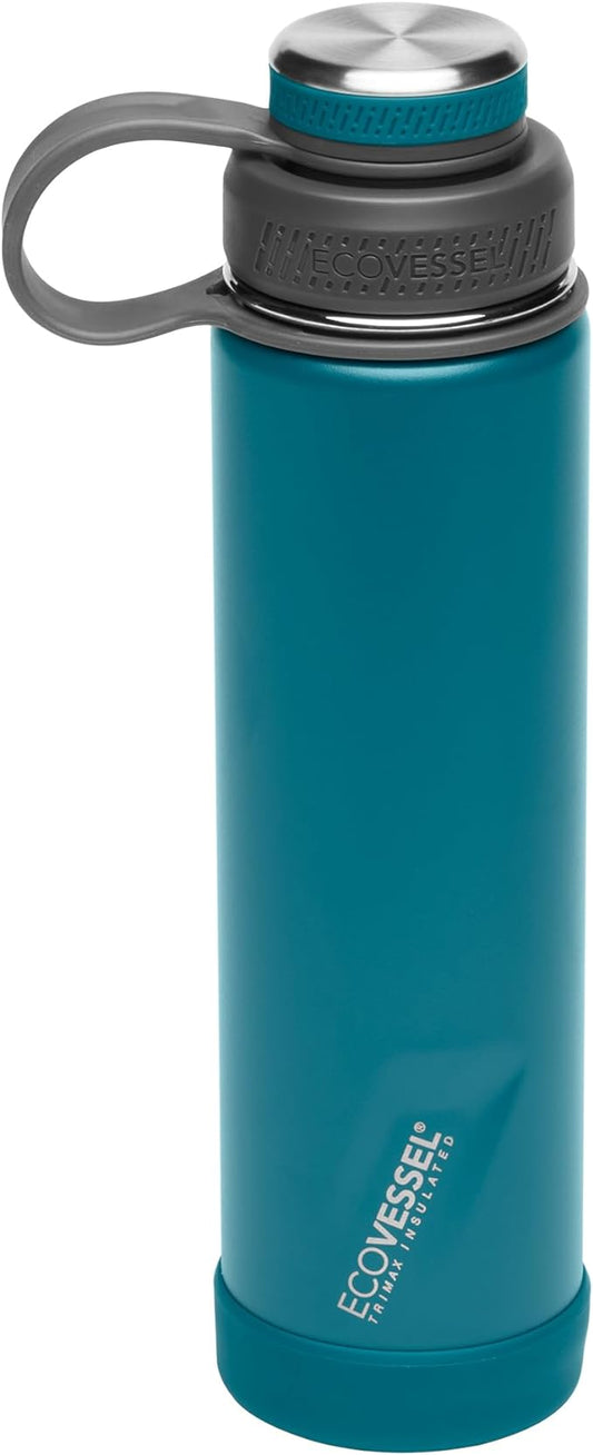 EcoVessel Stainless Steel Water Bottle with Insulated Dual Lid, Insulated Water Bottle with Strainer and Silicone Bottle Bumper, Coffee Mug (Mountain Green, 24 oz)