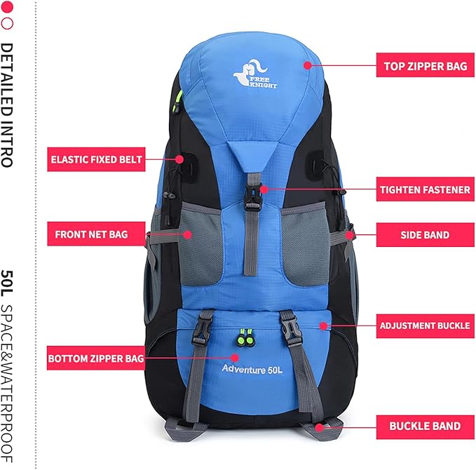 Bseash 50L Hiking Backpack, Water Resistant Lightweight Outdoor Sport Daypack Travel Bag for Camping Climbing Touring (Light Blue - No Shoe Compartment)