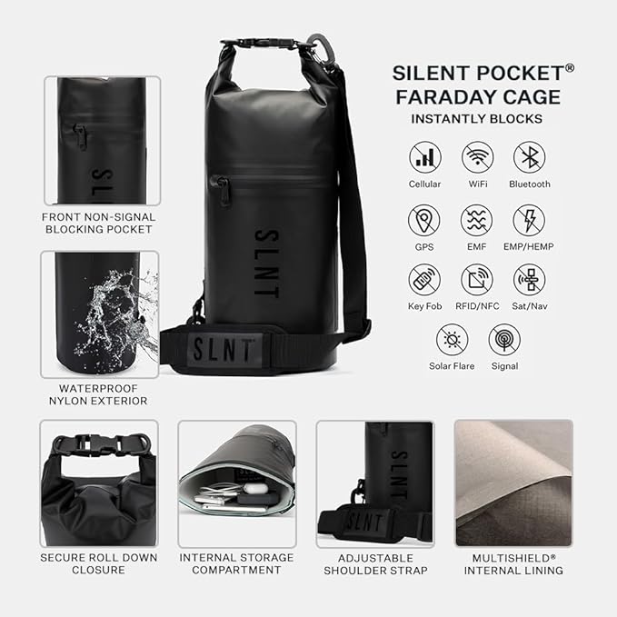 Silent Pocket SLNT Waterproof Faraday Dry Bag Military-Grade Nylon 10 Liter Faraday Bag - RFID Signal Blocking Dry Bag/Waterproof Backpack Protects Electronics from Water, Spying, Hacking