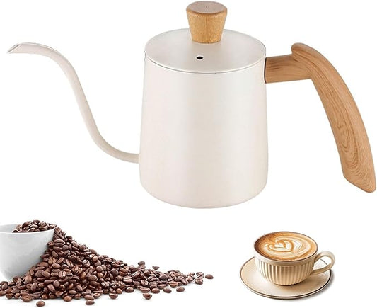 Pour Over Coffee Kettle Gooseneck Tea Pot 304 Stainless Steel Hand Coffee Maker Kettle-Barista Pour Control Design,Wood Handle and Long Narrow Spout Camping Kettle(Color: white,Size:20oz)