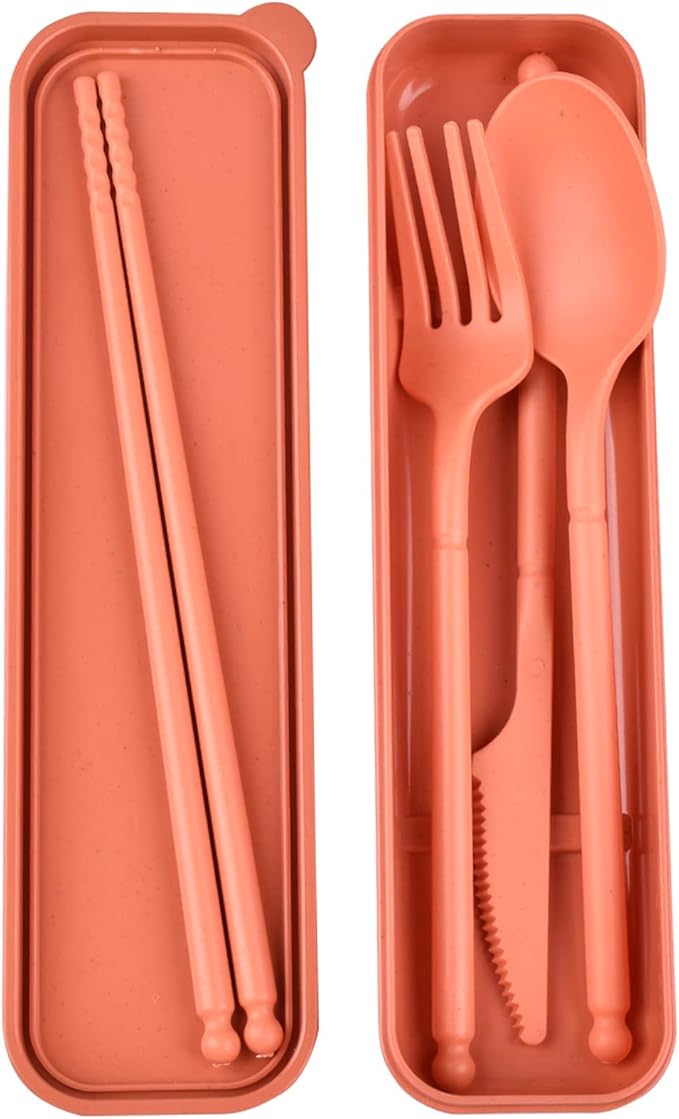 Camping Utensil Set, Reusable Utensils Set with Case, Plastic Cutlery Set Forks Spoon Tableware Chopsticks, Portable Cutlery Set for Travel Picnic Camping or Daily Use (Orange)