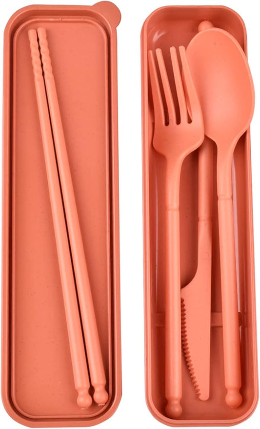 Camping Utensil Set, Reusable Utensils Set with Case, Plastic Cutlery Set Forks Spoon Tableware Chopsticks, Portable Cutlery Set for Travel Picnic Camping or Daily Use (Orange)