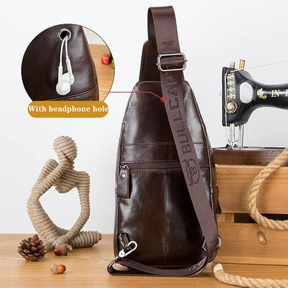KPYWZER Vintage Genuine Leather Sling Bag Backpack for Men Crossbody with Cellphone Stand Chain Chest Shoulder Crossbody Daypack Coffee