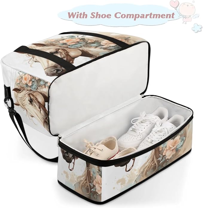Foldable Travel Duffel Bag, Expandable Weekender Overnight Carry on Bags with Shoe Compartment Sport Tote Gym Luggage for Women Men, Horse