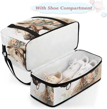 Foldable Travel Duffel Bag, Expandable Weekender Overnight Carry on Bags with Shoe Compartment Sport Tote Gym Luggage for Women Men, Horse
