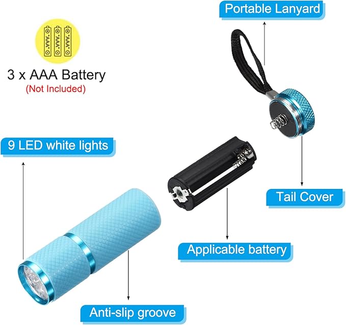 PATIKIL 9 LED Glow in Dark Flashlights, 2 Pcs Mini Aluminum Flashlight Rubber Coated Flashlight with Strap for Camping, Hiking, Party, Blue