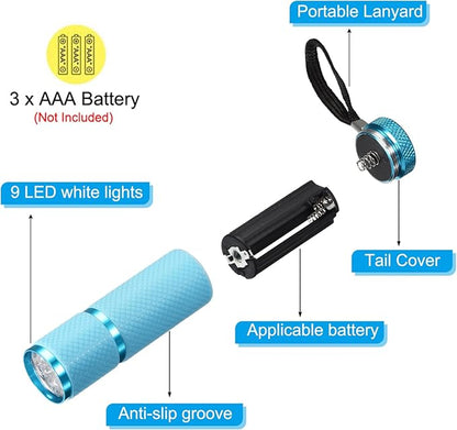 PATIKIL 9 LED Glow in Dark Flashlights, 2 Pcs Mini Aluminum Flashlight Rubber Coated Flashlight with Strap for Camping, Hiking, Party, Blue