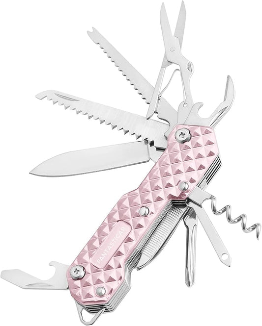 FantastiCAR 15 in 1 Multi-Tool, EDC Folding Pocket Knife with Premium Gift Box for Camping, Fishing, Hunting, Survival, Outdoor (Pink)