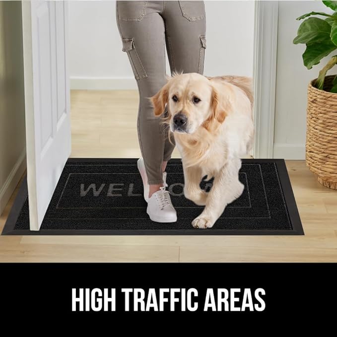 GORILLA GRIP 100% Waterproof All-Season WeatherMax Doormat, Durable Natural Rubber, Stain and Fade Resistant, Low Profile, Indoor Outdoor Door Mats, Easy Clean Entrance Mat, 17x29, Black Welcome