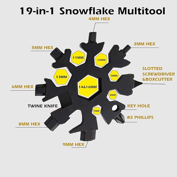 12PCS 19-in-1 Snowflake Multitool, Portable Stainless Steel Wrench,Bottle Opener/Flat Phillips Screwdriver Kit/Wrench for Outdoor Camping,Travelling for Christmas Gift(Black)