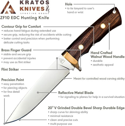 Hunting Knife with Sheath, 10.25" Fixed Blade Bushcraft Hunting Knives with 440C Hardened Stainless Steel Full Tang Survival Knife By Kratos - ZF10