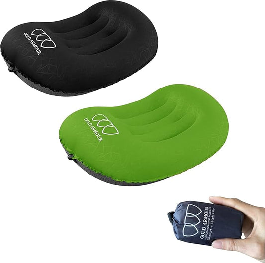 Gold Armour Inflatable Camping Pillow Backpacking Pillow Lightweight Travel Air Pillow Ultralight Ergonomic Pillow Portable for Airplanes with Neck & Lumbar Support (2 Pack) (Black & Lime Green)
