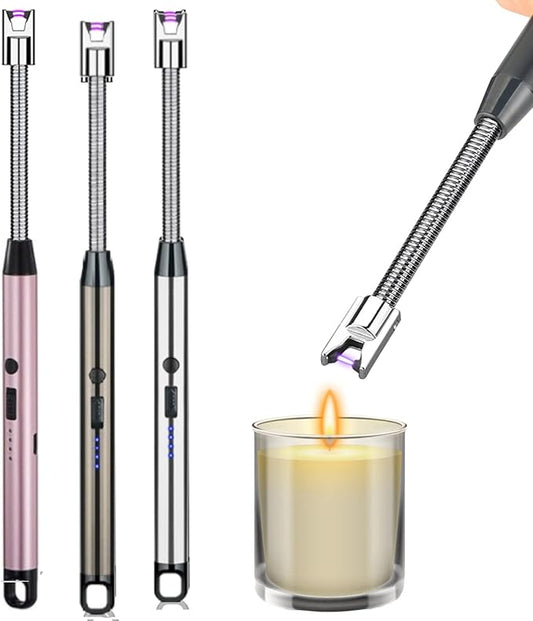 3 Pack Candle Lighter,Arc Lighter with USB Charging,Flameless Windproof,LED Battery Display,Safety Switch,Rotate 360 Degrees,for Aromatherapy,Candles,BBQ,Camping.(Silver&Grey&Pink)…
