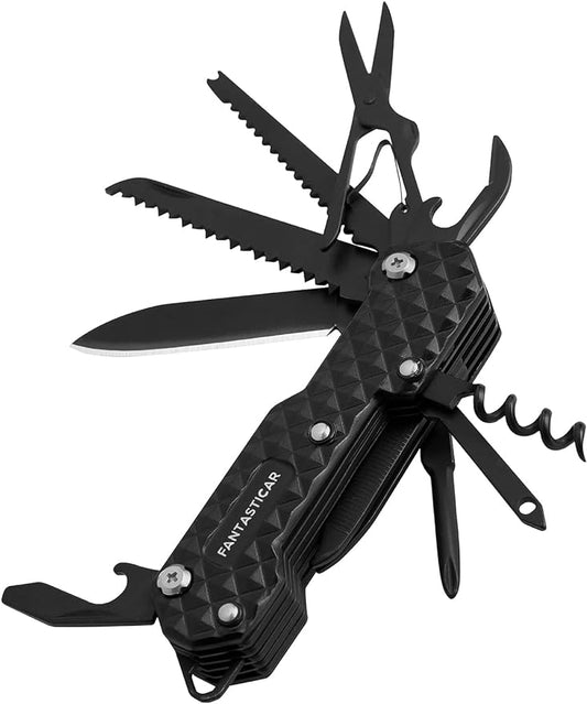 FantastiCAR 15 in 1 Multi-Tool, EDC Folding Pocket Knife with Premium Gift Box for Camping, Fishing, Hunting, Survival, Outdoor (Black)