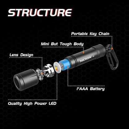 NICRON EDC Keychain Flashlight N1 Mini LED Light with AAA Battery, Portable Mini Light IPX7 Waterproof Build for Outdoor Camping etc.
