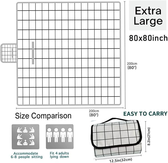 K Y KANGYUN Extra Large Picnic Blanket Outdoor Beach Blankets, Water-Resistant Foldable Sandproof Blankets Cute Picnic Mat for Beach, Camping Grass Lawn Park Mats (White, 80x80 in)