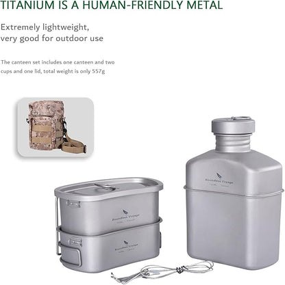 Boundless Voyage Titanium Military Canteen with Camouflage Bags Large Capacity Kidney Shape with Lid and Hanging Chain