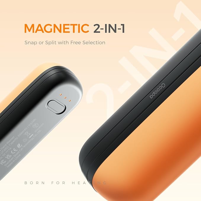 OCOOPA 2 in 1 Magnetic Rechargeable Hand Warmers, UT2s Mini Electric Handwarmers 2 Pack, Split USB-C, Reusable Portable Pocket Heater, Raynauds, Golf, Tech Gifts for Women Men