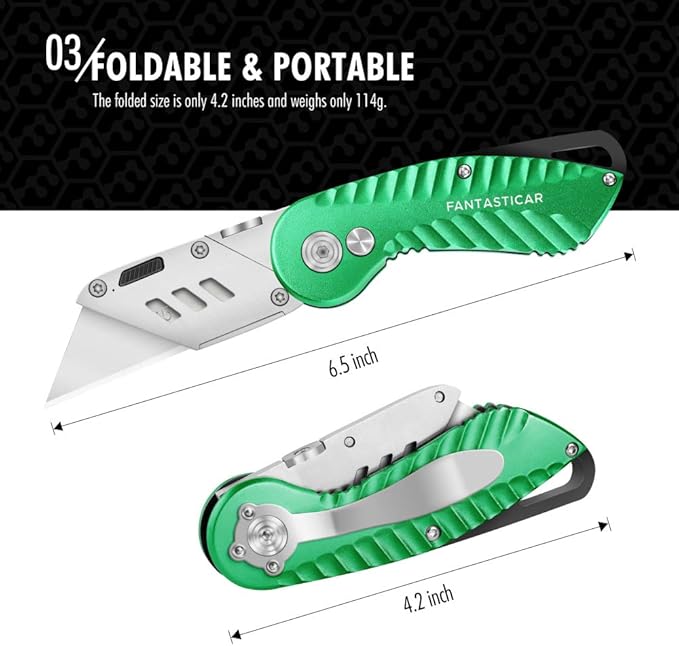 FantastiCAR Folding Utility Knife, Quick Blade Change Box Cutter, Anti-slip Metal Body, with Safety Lock and 5 Extra Blades (Summer Green)