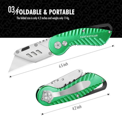 FantastiCAR Folding Utility Knife, Quick Blade Change Box Cutter, Anti-slip Metal Body, with Safety Lock and 5 Extra Blades (Summer Green)
