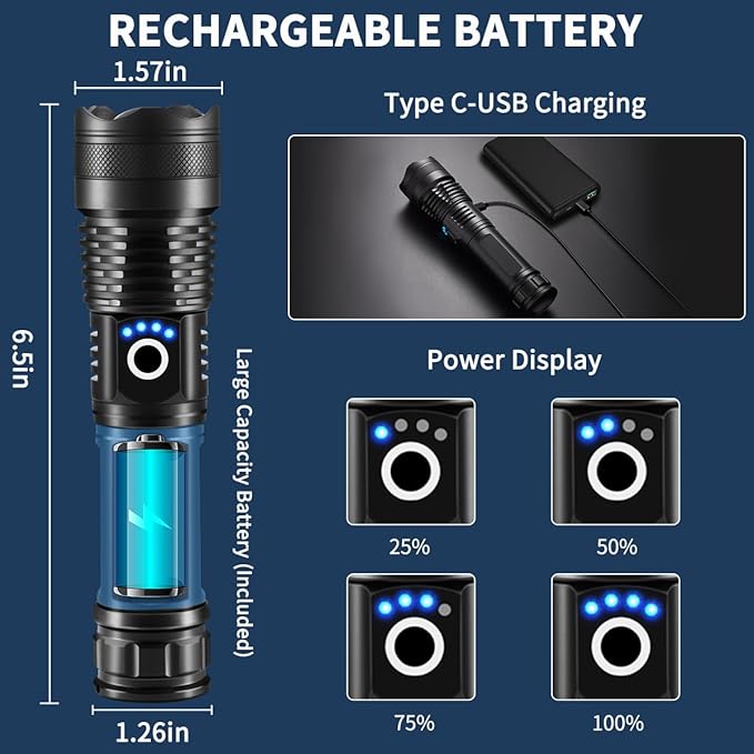 Flashlights High Lumens Rechargeable, 2Pack Rechargeable Flashlights, 990000lm Super Bright Flashlight, 5Mode Tactical Flashlights High Lumens, LED Flashlight High Powered, Waterproof Flash Light LED