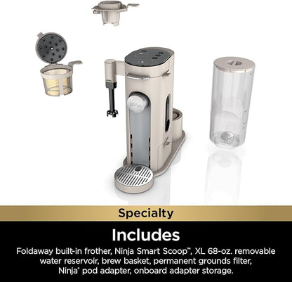 Ninja Pod & Grounds Specialty XL Single-Serve Coffee Maker, K-Cup Pod Compatible, Brews Grounds, Compact Design, Built-In Milk Frother, 68-oz. Reservoir, 6-oz. Cup to 24-oz. Mug Sizes, Stone, PB055AST
