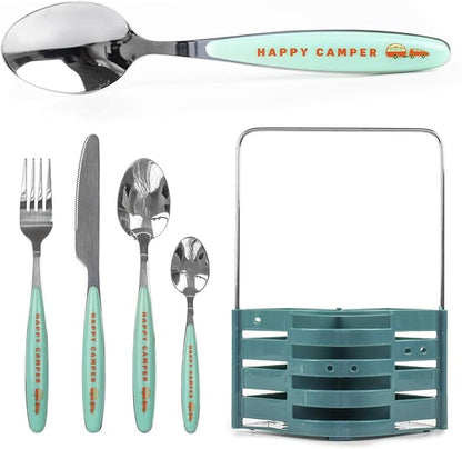 Silverware Flatware Cutlery Set - Stainless Steel 24 Pc Flatware Set With Silverware Caddy Service for 6 | Dishwasher Safe Camping Set Flatware for Travel, Small Spaces and Outdoor Use
