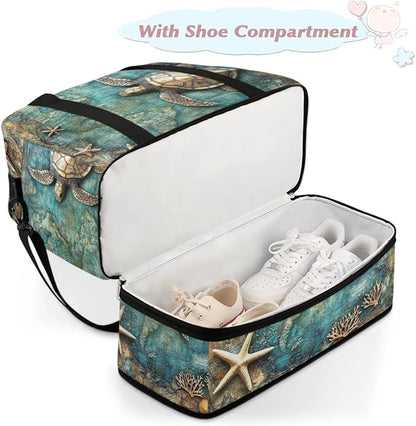 Foldable Travel Duffel Bag, Expandable Weekender Overnight Carry on Bags with Shoe Compartment Sport Tote Gym Luggage for Women Men, Turtle