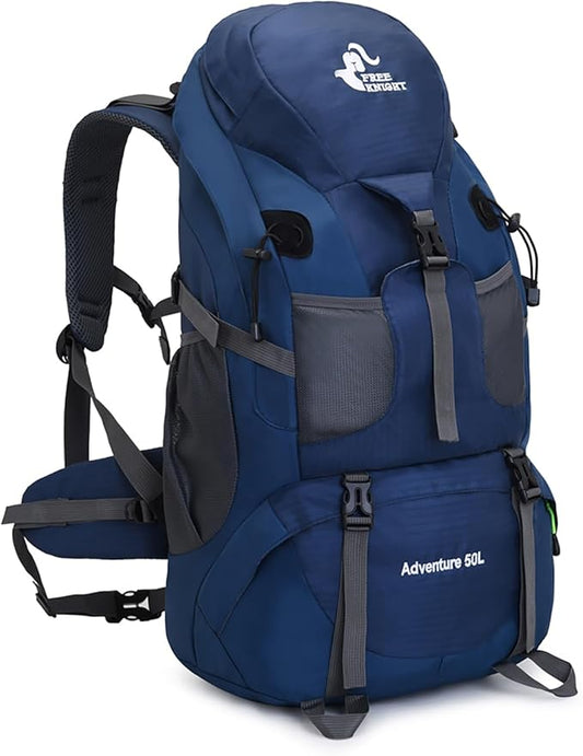 Bseash 50L Hiking Backpack, Water Resistant Lightweight Outdoor Sport Daypack Travel Bag for Camping Climbing Touring (Navy Blue - With Shoe Compartment)