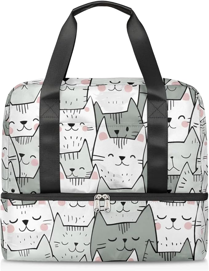 Sports Gym Bag Cute Cartoon Cat Travel Duffel Bag Waterproof Lightweight Swim Bag Travel Tote Luggage Weekender Overnight Handbag Workout Bag with Shoes Compartment for Women Men