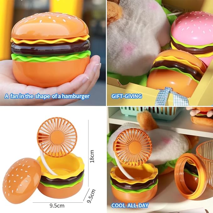 Rechargeable Hamburger Mini Fan, Creative Cute Toy Fan with Mirror, 3-Speed Mode, Small Gift for Family and Friends in Summer.