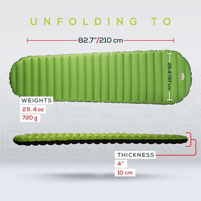 Gear Doctors Ultralight 25oz Camping Sleeping pad ApolloAir - Compact, Warm 5.2 R-Value 4 Season Air Mattress, Perfect for Backpacking, Hiking - Lightweight Inflatable & Compact Sleep Pad (Large)