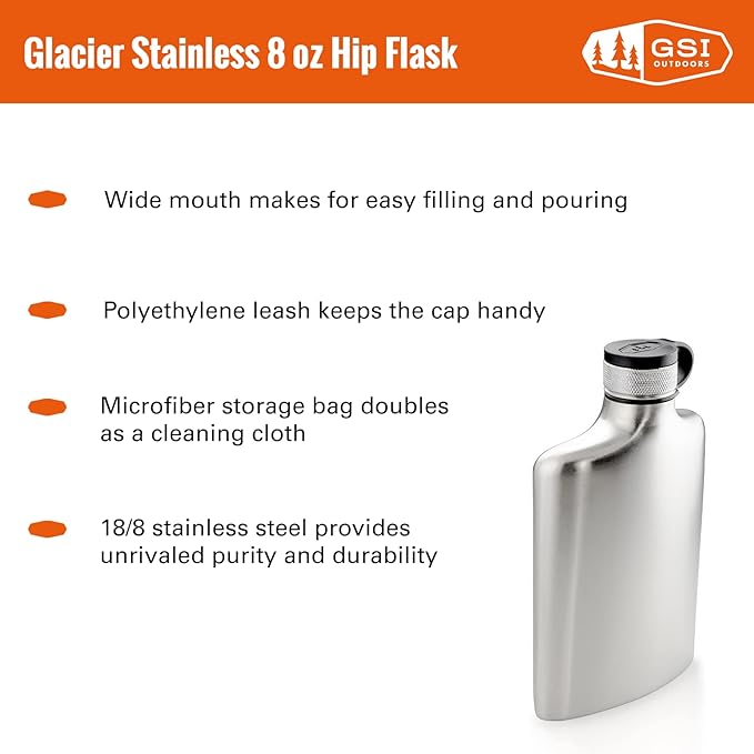 GSI Outdoors, Glacier Stainless 8 Fl. Oz. Hip Flask, Superior Backcountry Cookware Since 1985, Stainless