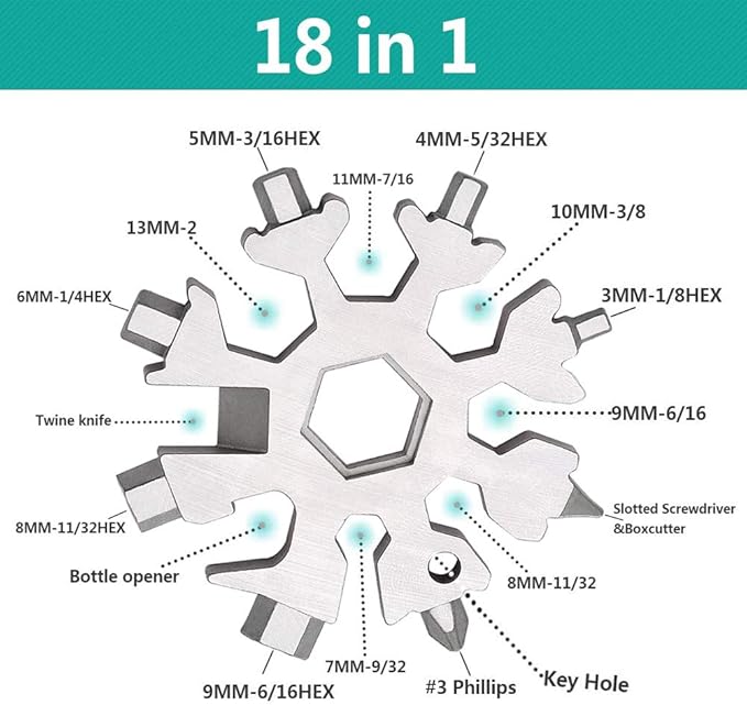 18-in-1 Snowflake Multi-Tool Screwdriver, Stainless Steel 18-1 Multitool Snow Tool,Best Gift for mens (Silver)