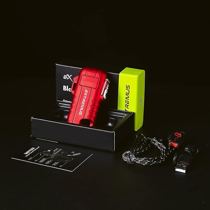 Extremus Blaze 360 Rechargeable Electric Lighters, Dual Arc Lighter, Windproof Plasma Lighter, Waterproof Lighter, Flameless Lighter with Whistle Lanyard for Camping (Red Flex)